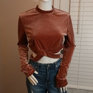 SHEIN Size 8/10 Women's Pink Velvet Long Sleeves Crop Blouse High Neck Wrap Tie.